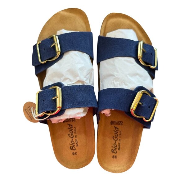 NWB Bio Gold Italian Navy Double Buckle Sandals Size 8 (39) - Picture 1 of 5
